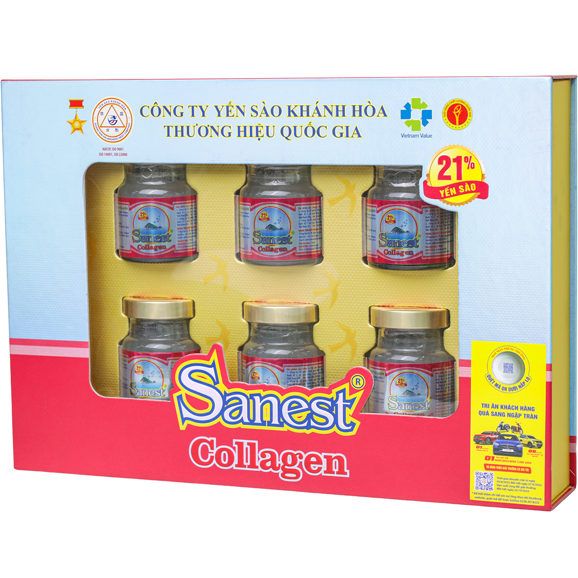 Nước yến sào Khánh Hòa Sanest Collagen hộp 6 lọ 70ml