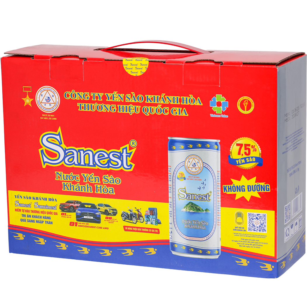 Nước yến sào Khánh Hòa Sanest không đường thùng 24 lon 190ml