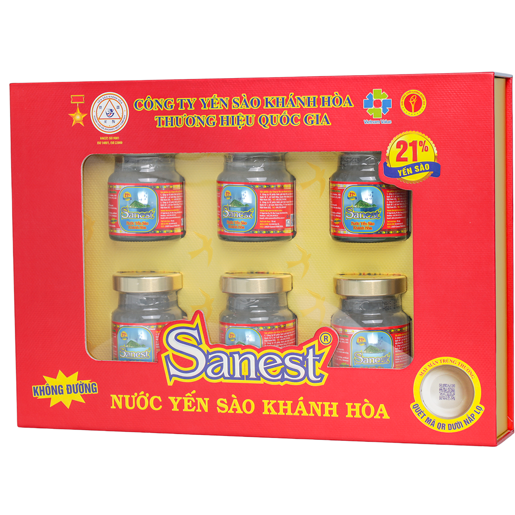 Nước yến sào Khánh Hòa Sanest không đường hộp 6 lọ 70ml Quà tặng